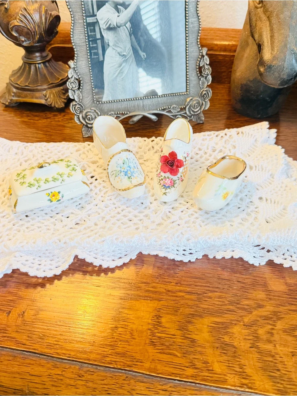 Vintage Porcelain Shoe Trio-English Trinket Box-Crochet Runner Bundle